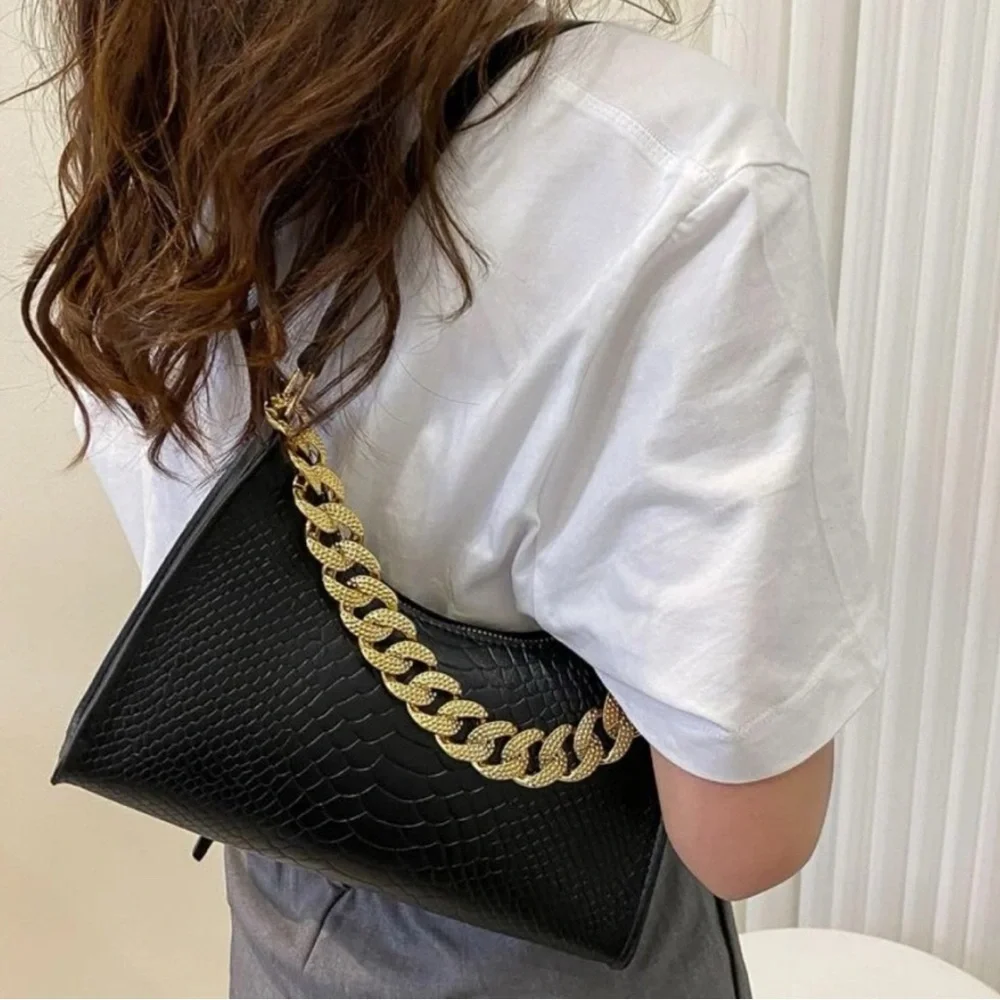 Black Croc-Embossed Shoulder Bag with Gold Chain